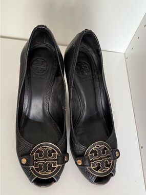 Tory Burch Black Leather Peep-Toe wedge with Gold Logo Medallions